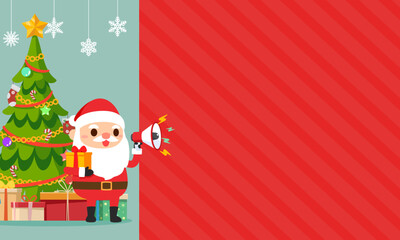 Christmas flat cartoon Santa Claus holds a megaphone on the red board with multiple gift boxes, a pine tree, and empty copy space. Vector illustration for banner, template, greeting card, and poster.