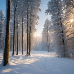Snowy landscape with trees covered in freshly fallen snow, creating a serene and peaceful winter snow background
