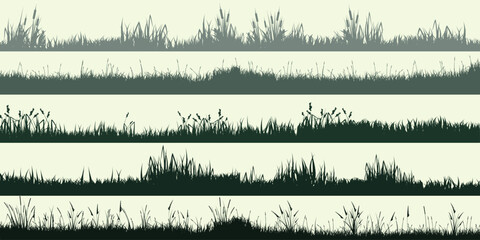 Meadow silhouettes with grass, plants on plain. Panoramic summer lawn landscape with herbs, various weeds. Herbal border, frame element. Green horizontal banners. Vector illustration - obrazy, fototapety, plakaty