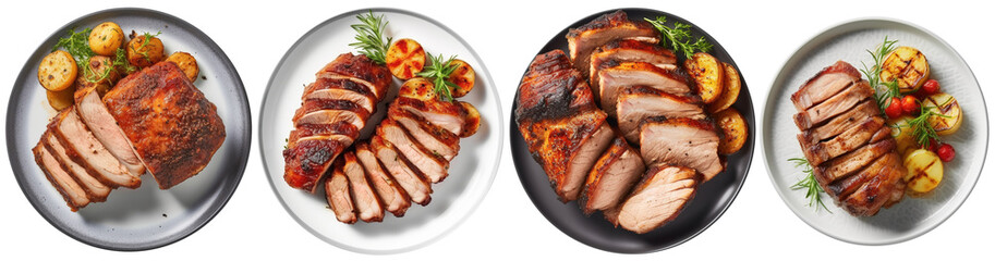 collection of plates filled with roast pork, top view