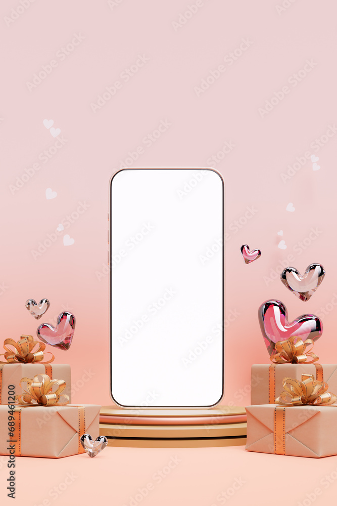 Poster pink colored background of the smartphone mock-up with a heart shape, 3d rendering