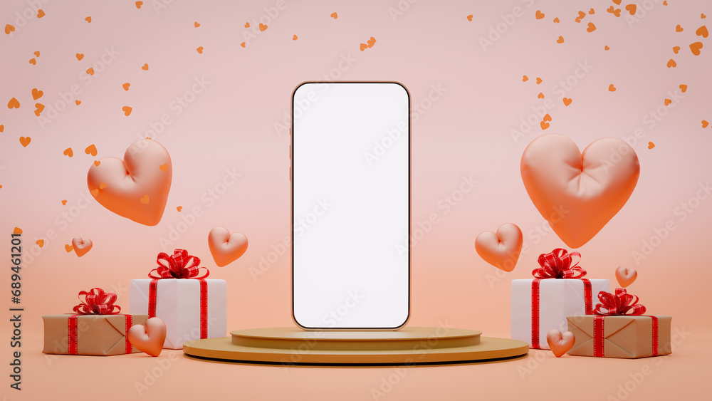 Poster pink colored background of the smartphone mock-up with a heart shape, 3d rendering