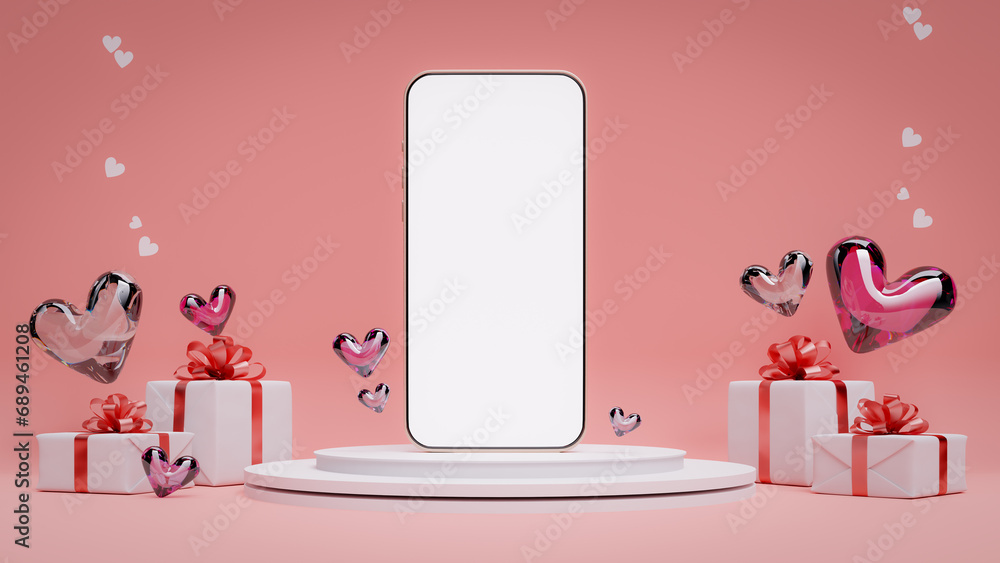 Poster pink colored background of the smartphone mock-up with a heart shape, 3d rendering