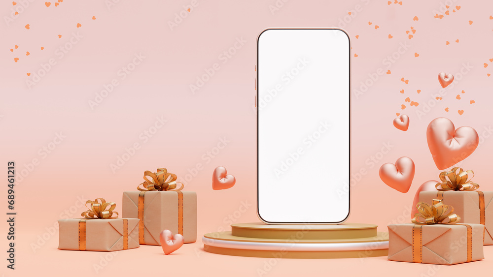 Poster pink colored background of the smartphone mock-up with a heart shape, 3d rendering