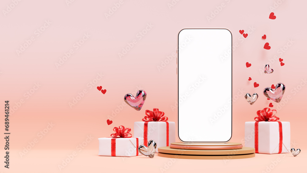 Poster pink colored background of the smartphone mock-up with a heart shape, 3d rendering