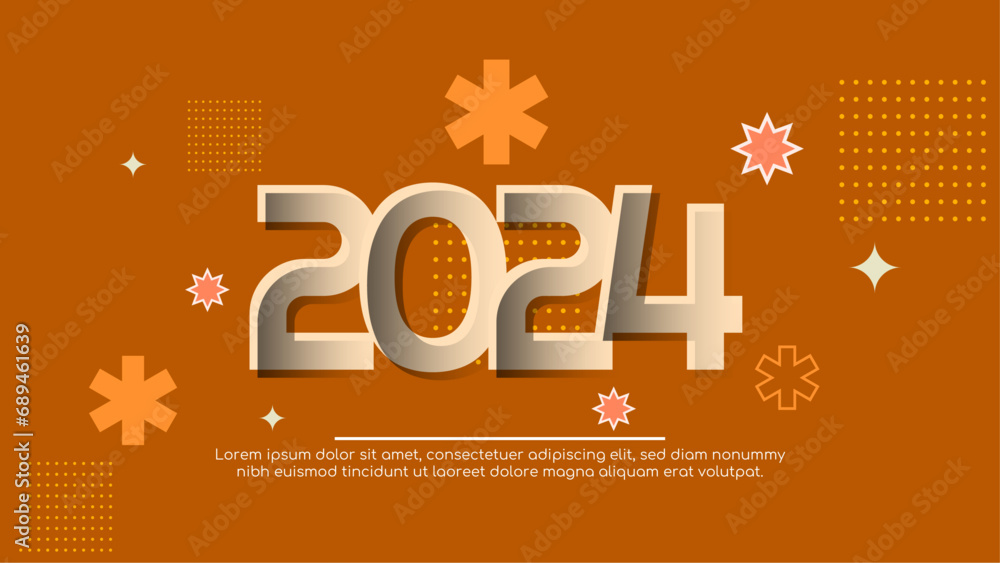 Poster orange and gold vector modern 2024 new year banner with shapes. happy new year 2024 background