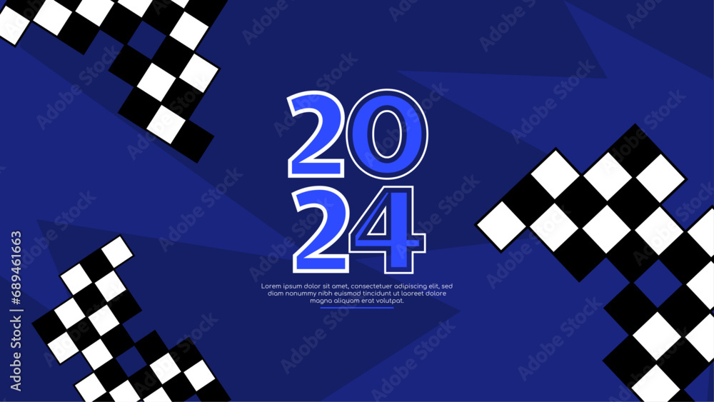Poster blue white and black vector modern 2024 new year banner with shapes. happy new year 2024 background