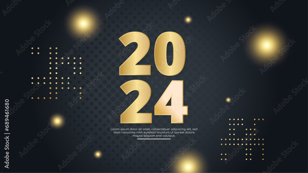 Poster black and gold vector modern 2024 new year banner with shapes. happy new year 2024 background