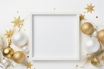 Fototapeta na wymiar Christmas greeting card mockup. Golden and white christmas decorations on white wooden background. Flat lay, top view, copy space.