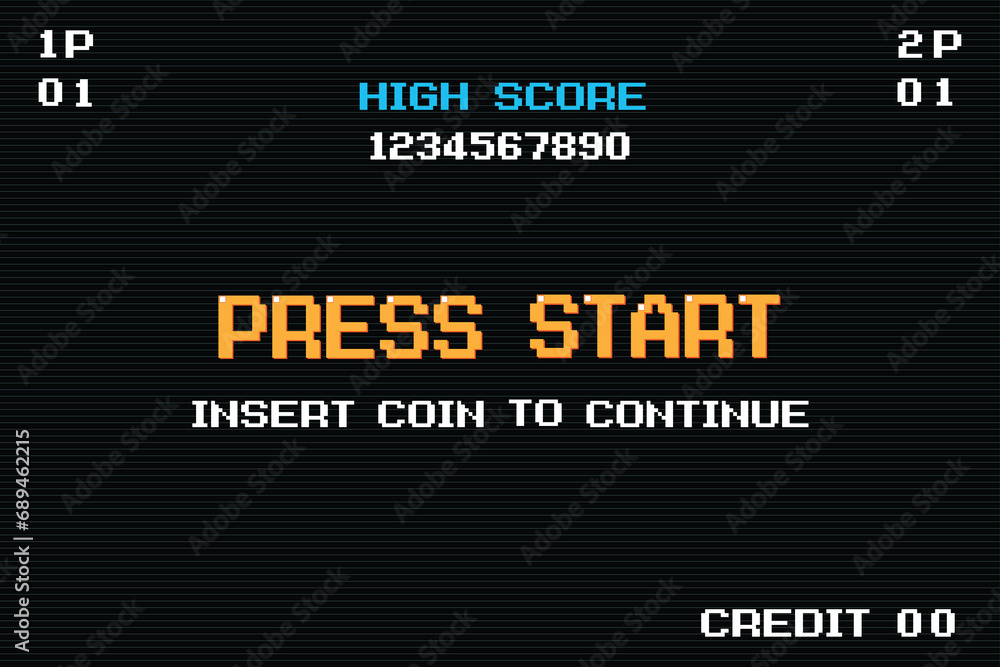 Poster press start insert a coin to continue .pixel art .8 bit game. retro game. for game assets in vector 