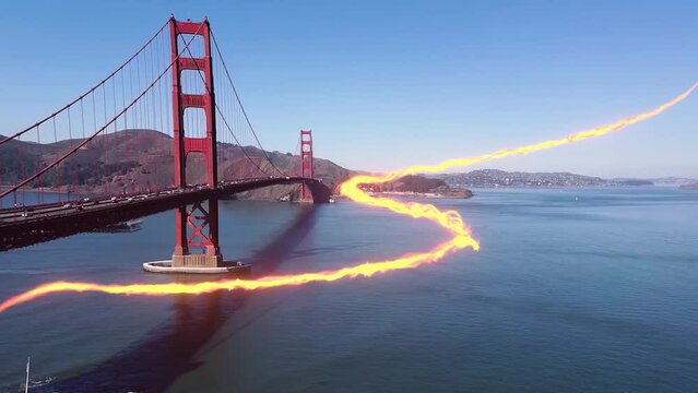 The Golden Gate Bridge, San Francisco, United States with illustrations of advanced telecommunications visualization. Light effect over the waters and bridges depict a glorious future.