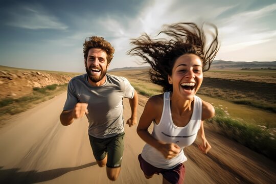 Smiling Couple Running Along A Countryside Lane