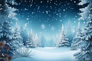 Merry christmas and happy new year greeting background. Winter landscape with snow and christmas trees. generative ai.