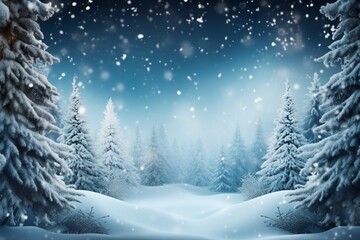 Obraz premium Merry christmas and happy new year greeting background. Winter landscape with snow and christmas trees. generative ai.