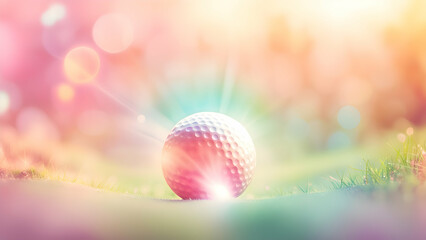 Golf ball on green grass with bokeh lights background.With copy space