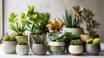 pots with indoor plants, succulent, green herbs, generative ai