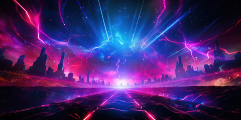 An electrifying music station, glowing with intense neon colors, ready to fuel a night of dance and rhythm
