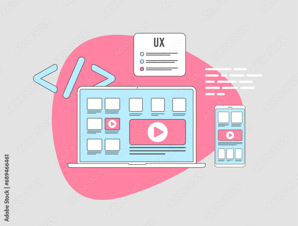 Fototapete User Experience UX Design coding concept. Mobile and App Development. Responsive UI, Microinteractions, Voice User Interface, AI Integration, Personalization, Sustainability and Accessibility