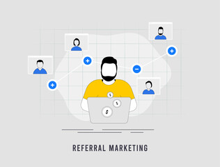 Referral marketing software concept. Word of mouth, relationship marketing and influencer referral program with sharing referral code. Refer-a-Friend Program concept isolated vector illustration