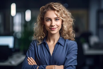 Obraz premium Office Elegance: A Cheerful Woman, Arms Crossed, Radiating Professionalism