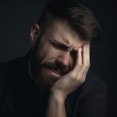 Close up of a man keeping eyes closed, furrowing the brow, bowing head while having badly headache and depression. High pressure and mental problem concept. 
