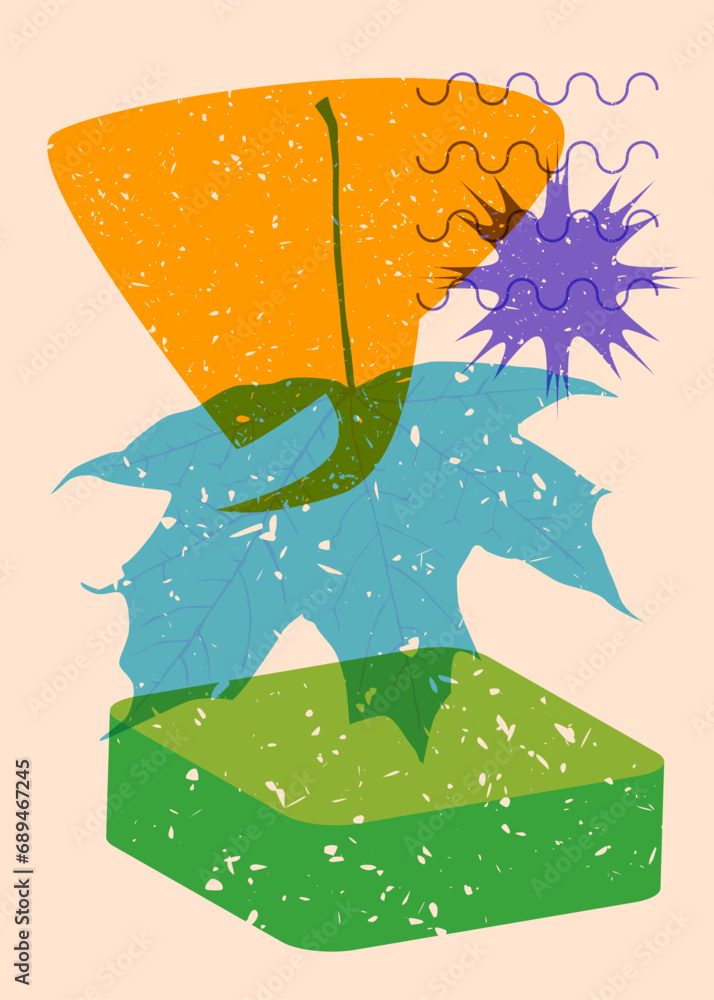 Poster risograph autumn leaf with speech bubble with geometric shapes. objects in trendy riso graph print t