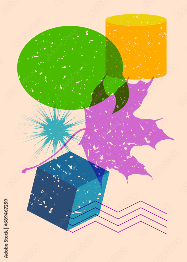 Poster risograph autumn leaf with speech bubble with geometric shapes. objects in trendy riso graph print t