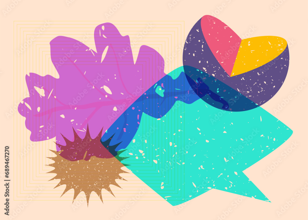 Poster risograph autumn leaf with speech bubble with geometric shapes. objects in trendy riso graph print t