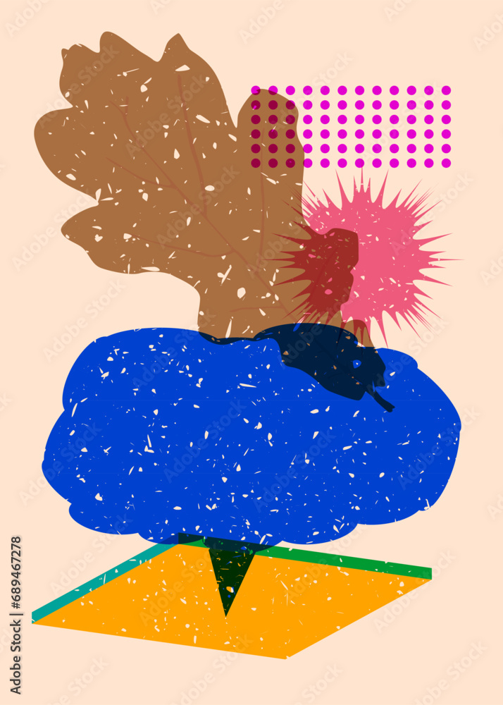Poster risograph autumn leaf with speech bubble with geometric shapes. objects in trendy riso graph print t