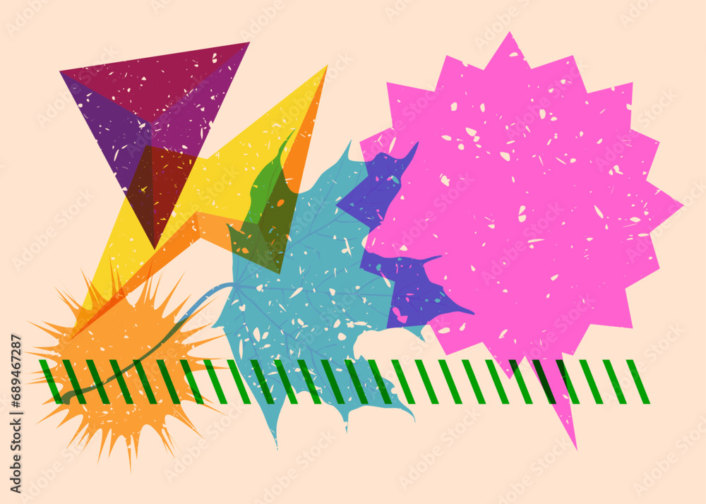 Poster risograph autumn leaf with speech bubble with geometric shapes. objects in trendy riso graph print t