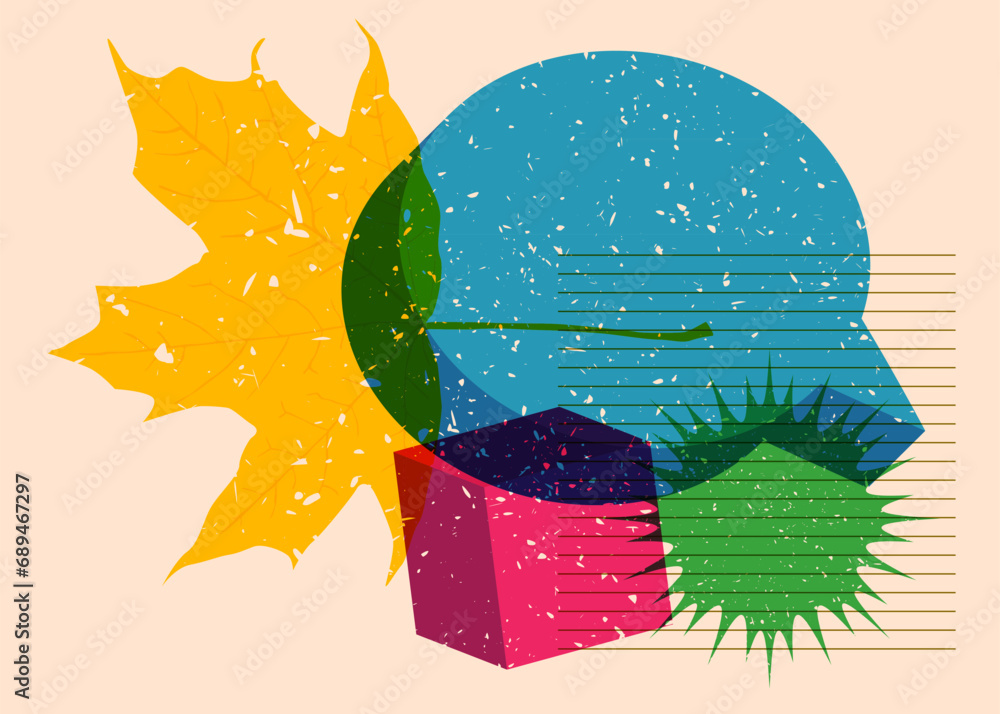 Poster risograph autumn leaf with speech bubble with geometric shapes. objects in trendy riso graph print t