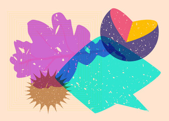 Risograph Autumn Leaf with speech bubble with geometric shapes. Objects in trendy riso graph print texture style design with geometry elements.