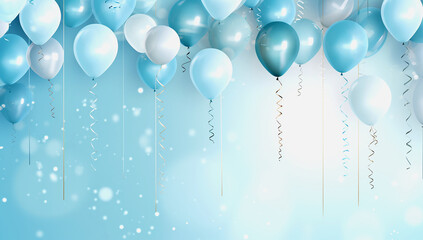 Blue balloons and confetti on a green background. Vector illustration.