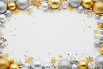 Christmas background with silver and golden baubles and snowflakes - obrazy, fototapety, plakaty