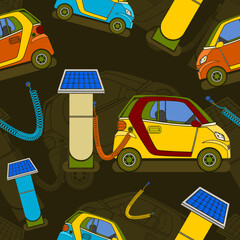 Editable Solar Energy Electric Car Charging Vector Illustration Seamless Pattern With Dark Background for Futuristic Eco-friendly Vehicle Industry and Green Life or Renewable Energy Campaign