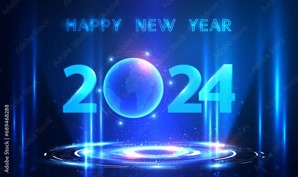 Aufkleber futuristic 2024 portal and globe hologram technology background. 2024 new year technology, artificia