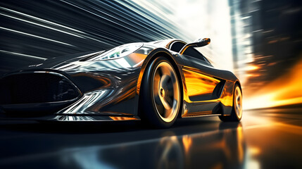 side view of a fast driving sport car, blurred motion background, generative ai