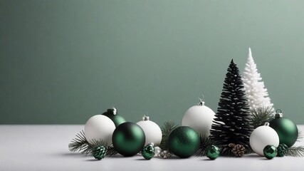Fototapeta na wymiar Dark Green Christmas Delight: Snowy White Tree with Black Themed Bulbs on Dark Green Background, Copy Space