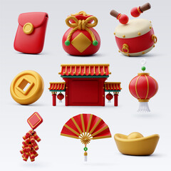 Collection of Chinese New Year 3d icons concept. - obrazy, fototapety, plakaty