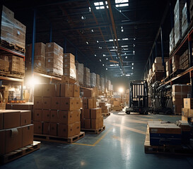 Modern warehouse interior. Rows of shelves with boxes. Logistics. Smart warehouse management system.