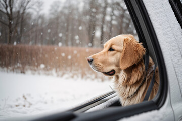 a  golden retriever looking right next to a car at the snowy road