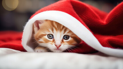 Beautiful small kitten with red Santa hat. Christmas holiday greeting card