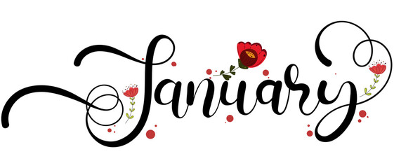 Hello January. JANUARY month vector with flowers. Decoration floral. Illustration month January - obrazy, fototapety, plakaty
