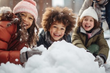 Fototapeta na wymiar Portrait of little children playing with snow outside