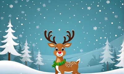 Fototapeta premium Cute reindeer at snow. Christmas or New Year greeting card, banner, background., poster
