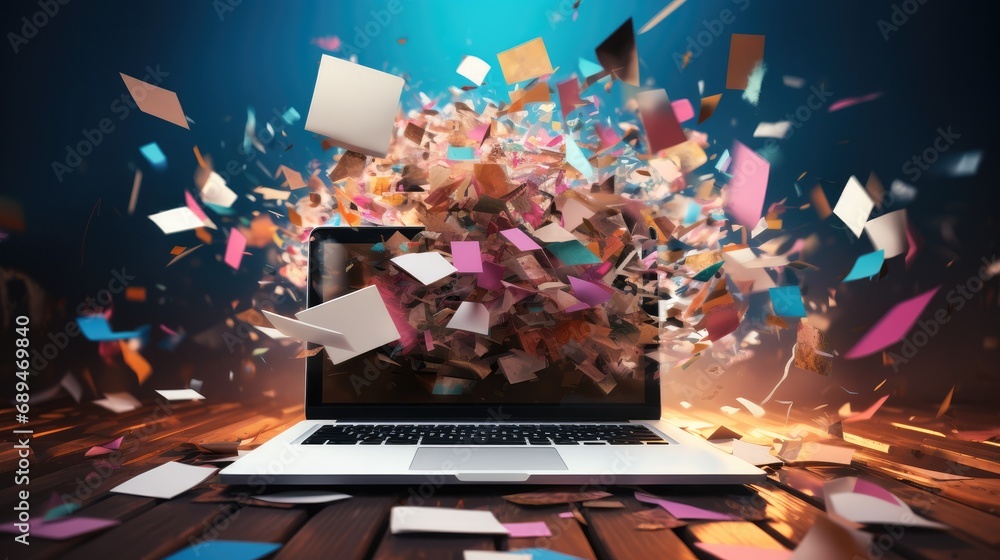 Poster documents and folders flying out of a laptop screen, explosion.