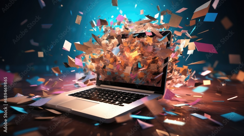 Poster documents and folders flying out of a laptop screen, explosion.