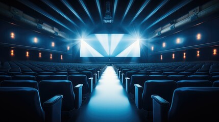 Empty of cinema in blue color with white blank screen. - obrazy, fototapety, plakaty