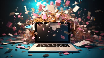 Documents and folders flying out of a laptop screen, Explosion. - obrazy, fototapety, plakaty