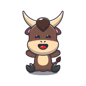 Cute bull sitting cartoon vector illustration. 